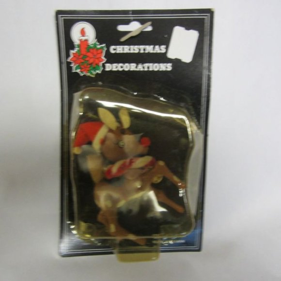 VINTAGE 70'S RED NOSE REINDEER WOODEN ORNAMENT IN ORIGINAL PKG, PRICE PRODUCTS, - Picture 2 of 10